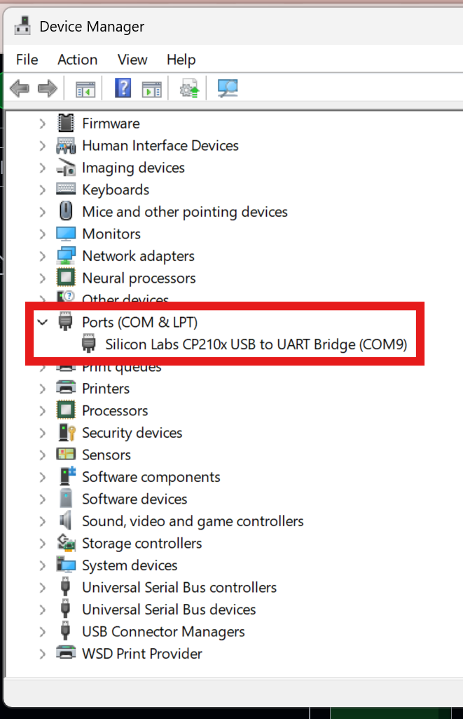 Device Manager showing CP210x COM port